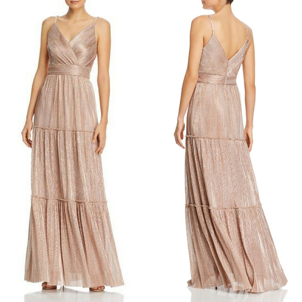Aqua Metallic V-Neck Formal Evening Dress Gown